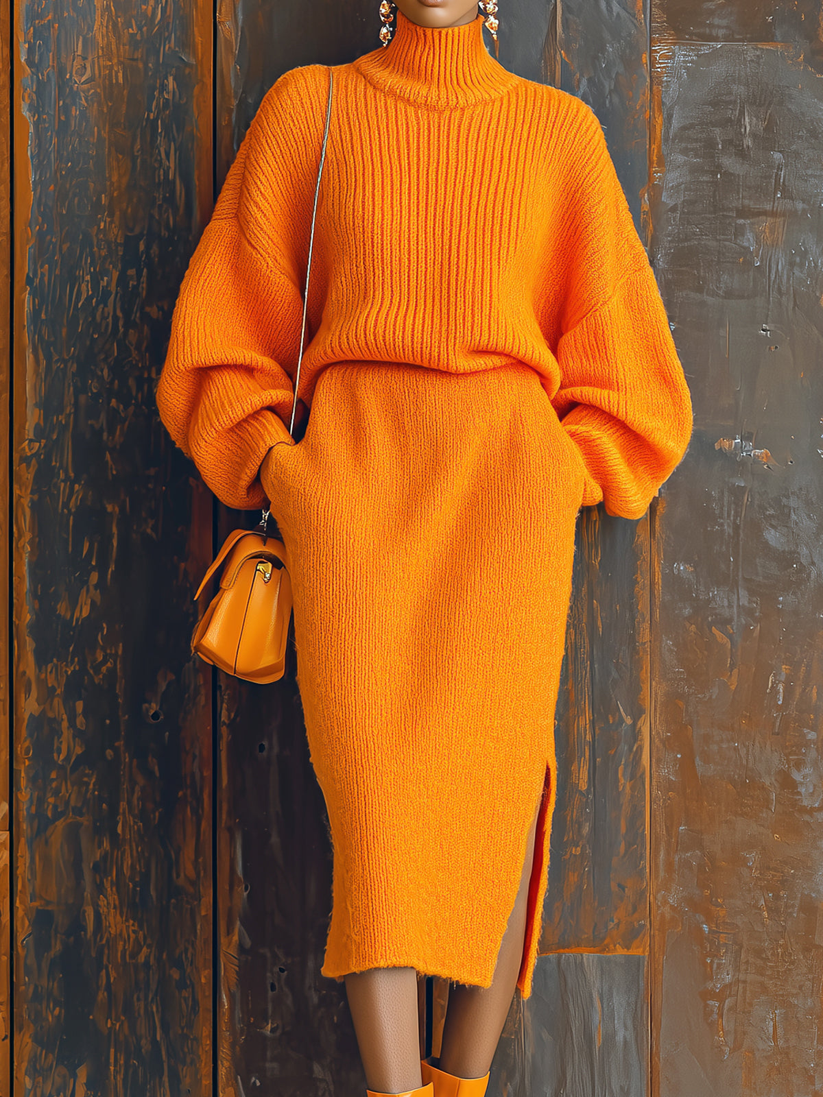 Completo Elegante in Maglia Oversize, Maglione Collo alto e Gonna Con spacco laterale