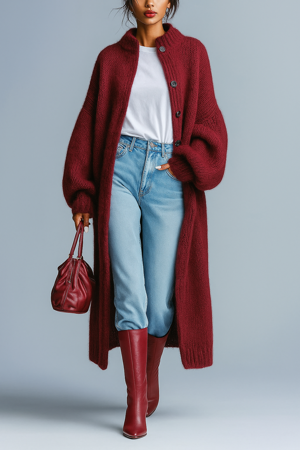 Cardigan monopetto in maglia con collo revers e maniche a lanterna