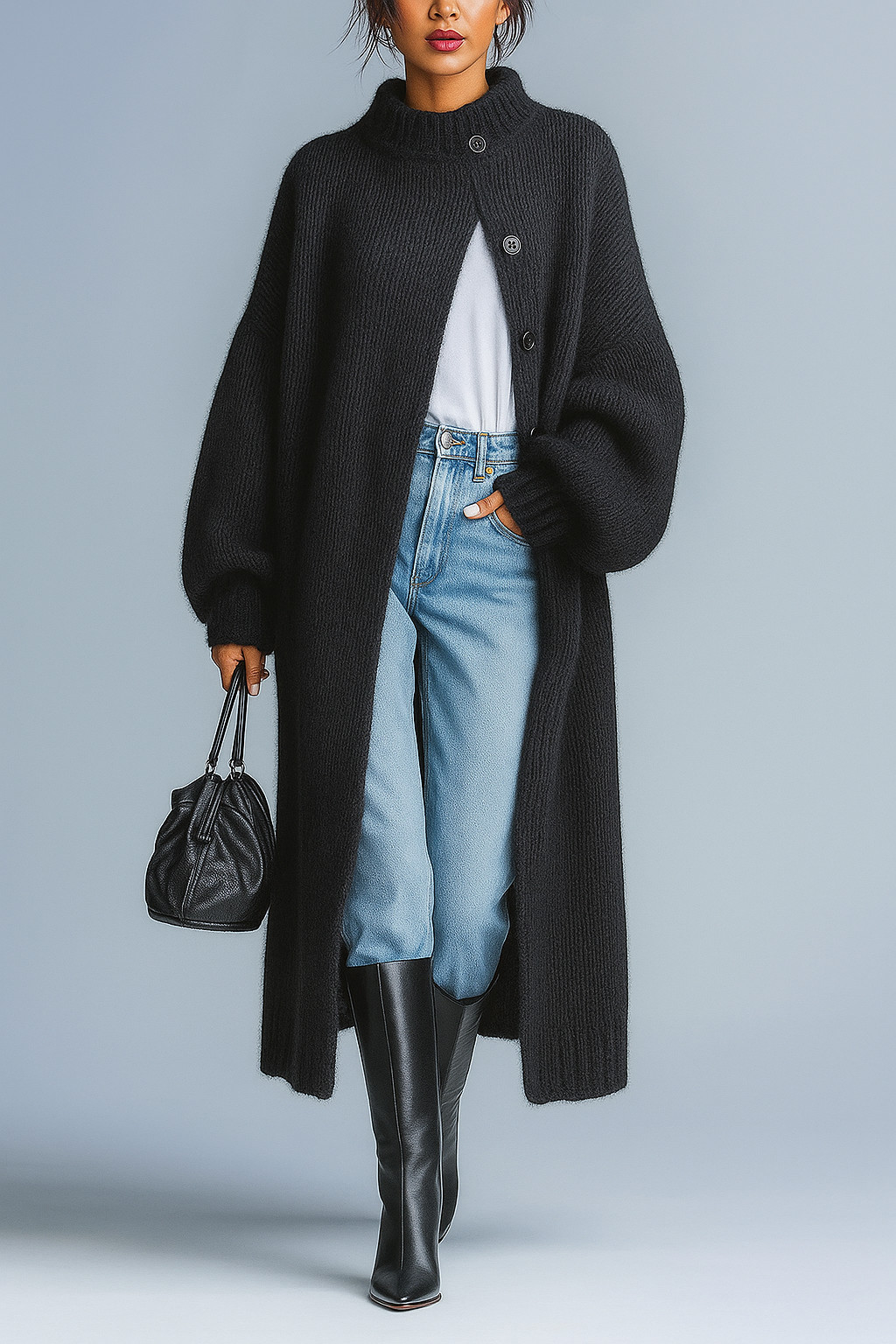 Cardigan monopetto in maglia con collo revers e maniche a lanterna