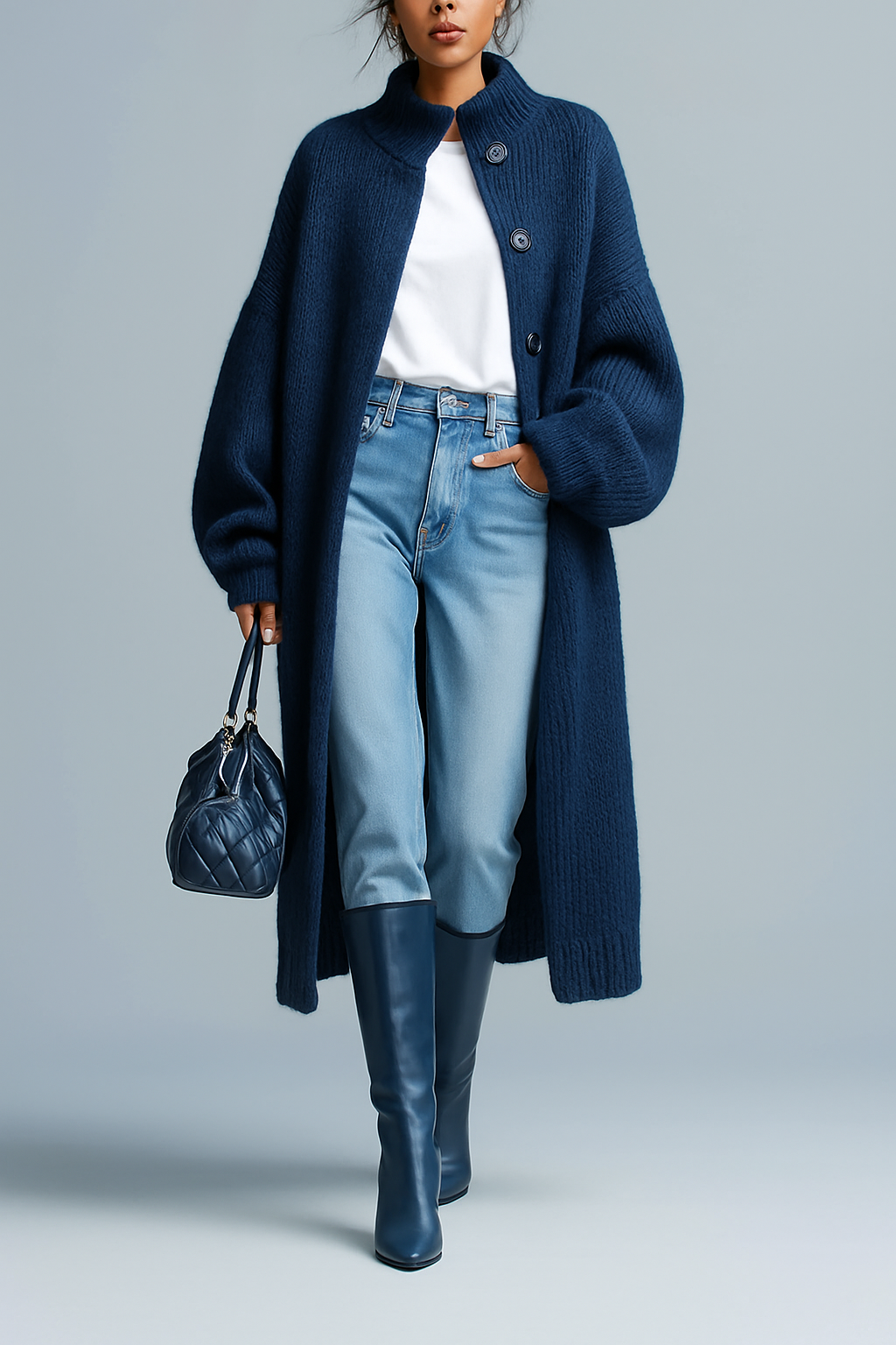 Cardigan monopetto in maglia con collo revers e maniche a lanterna