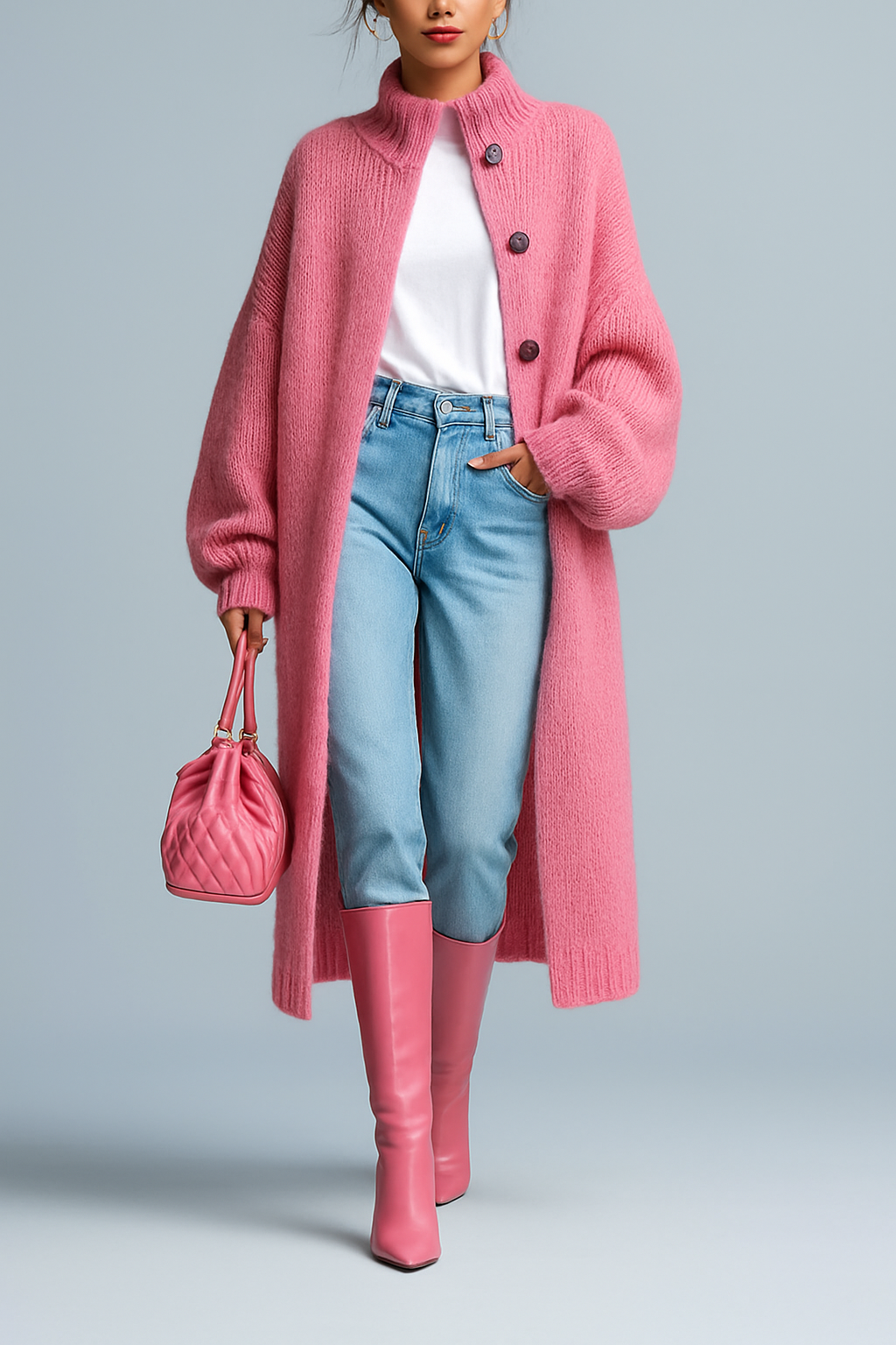 Cardigan monopetto in maglia con collo revers e maniche a lanterna