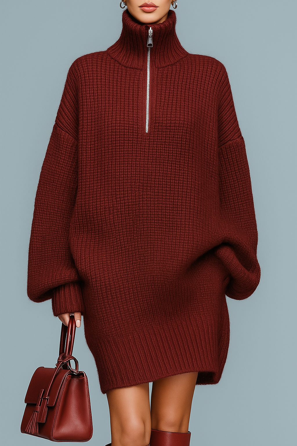 Abito in maglia con collo alto, oversize a maniche lunghe, con cerniera