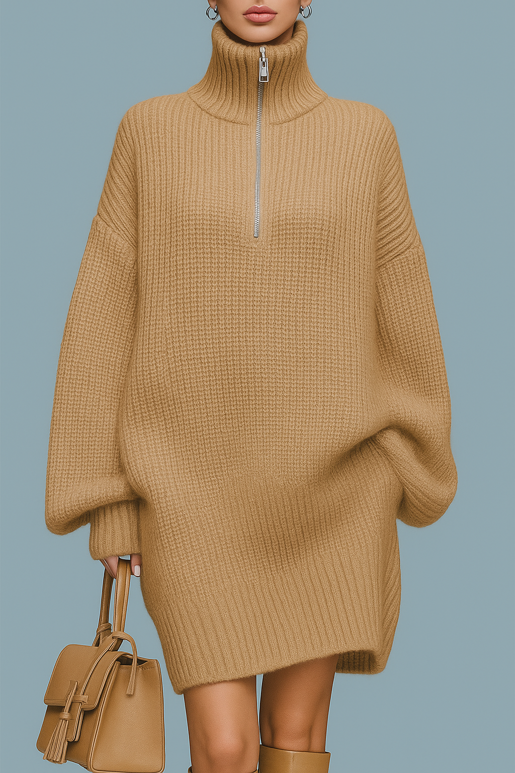 Abito in maglia con collo alto, oversize a maniche lunghe, con cerniera