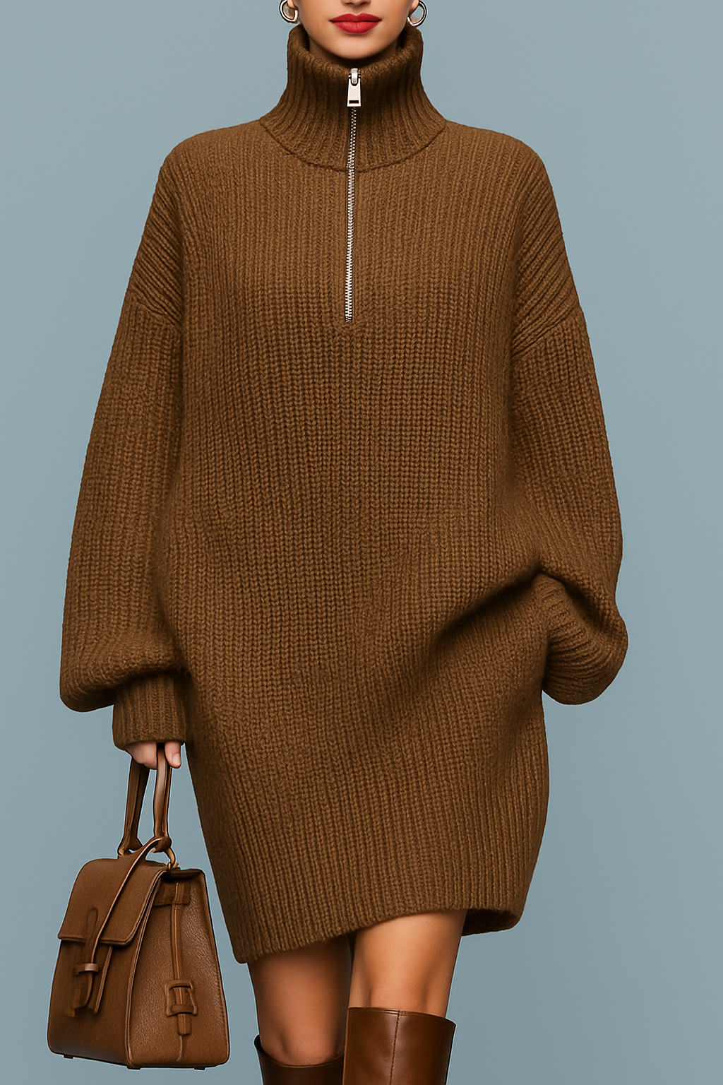 Abito in maglia con collo alto, oversize a maniche lunghe, con cerniera