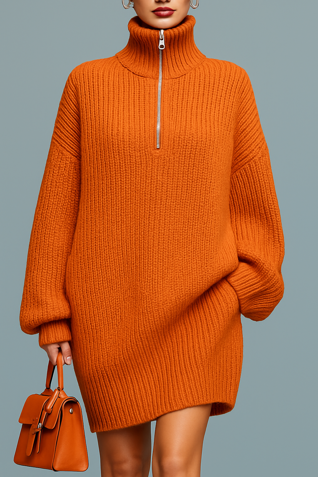 Abito in maglia con collo alto, oversize a maniche lunghe, con cerniera