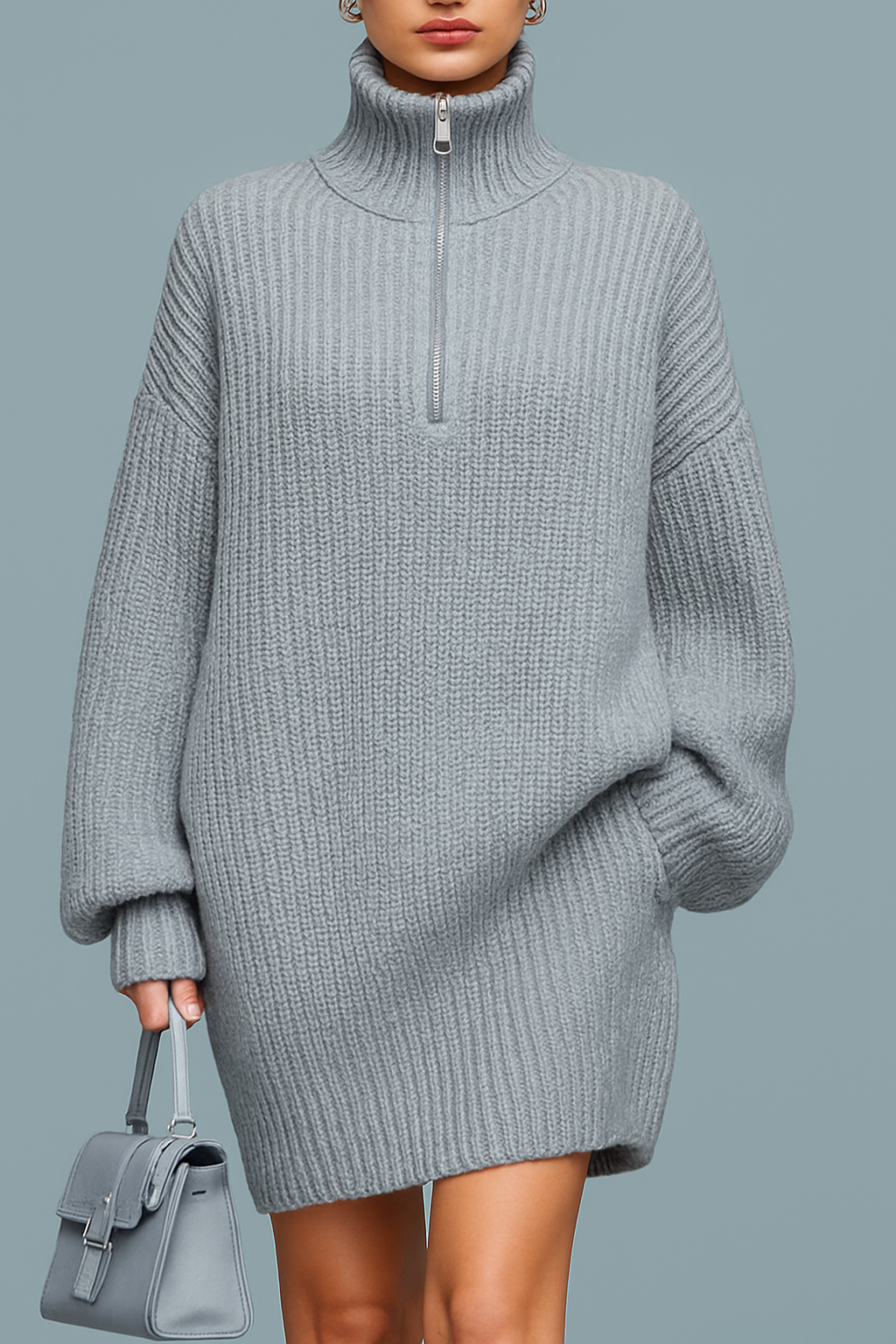 Abito in maglia con collo alto, oversize a maniche lunghe, con cerniera