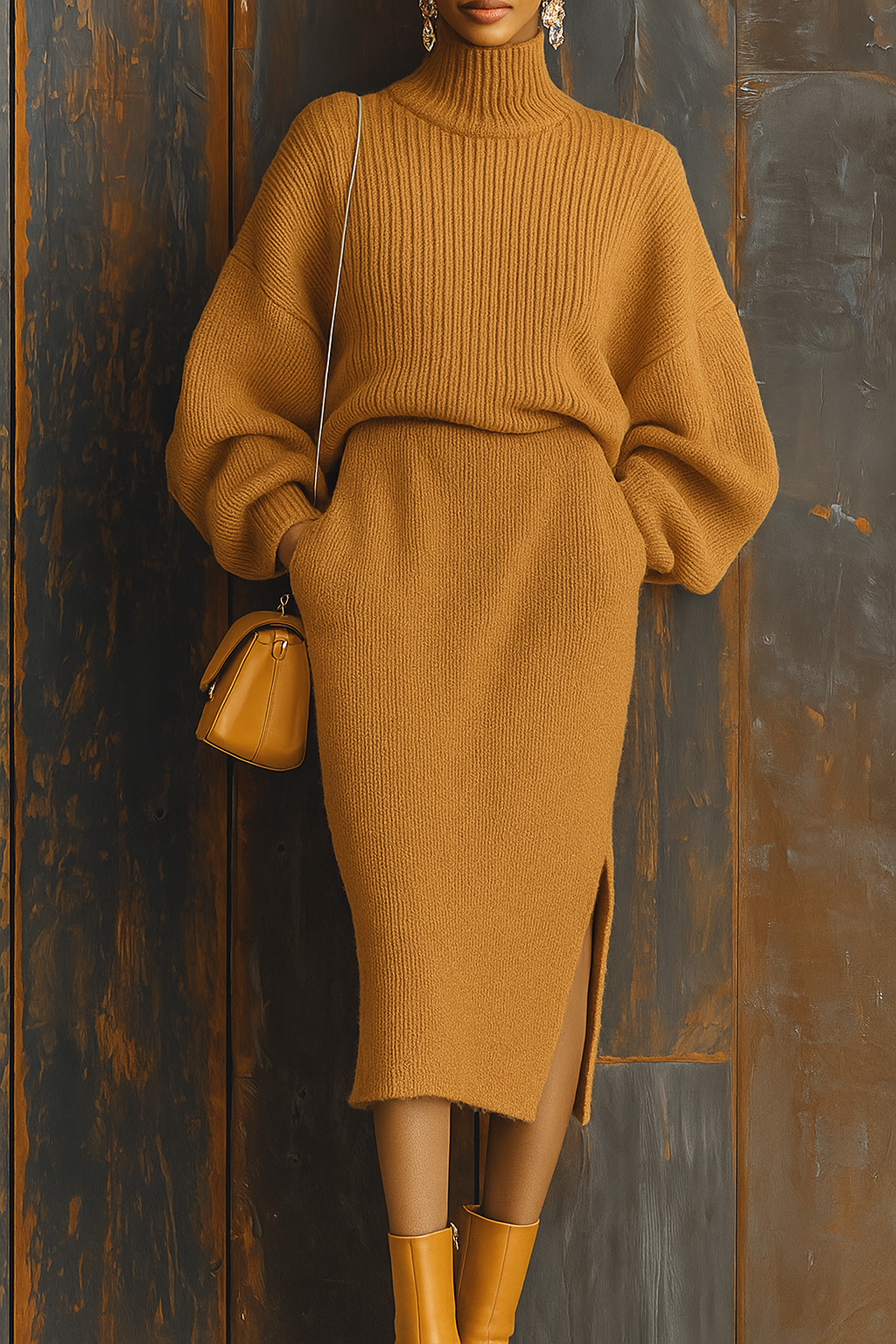 Completo Elegante in Maglia Oversize, Maglione Collo alto e Gonna Con spacco laterale