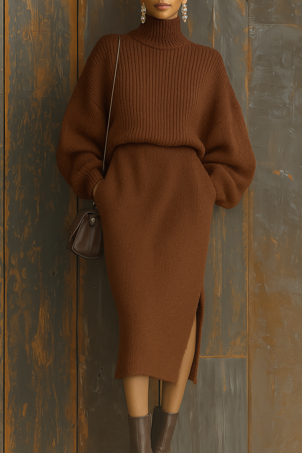 Completo Elegante in Maglia Oversize, Maglione Collo alto e Gonna Con spacco laterale