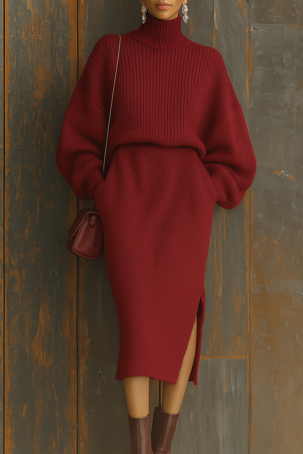 Completo Elegante in Maglia Oversize, Maglione Collo alto e Gonna Con spacco laterale