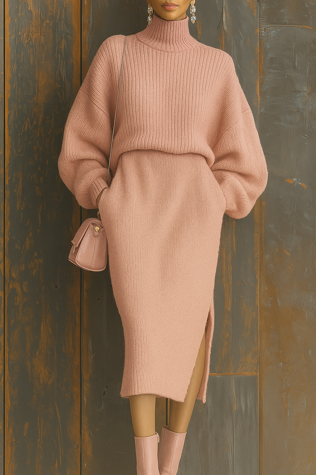 Completo Elegante in Maglia Oversize, Maglione Collo alto e Gonna Con spacco laterale