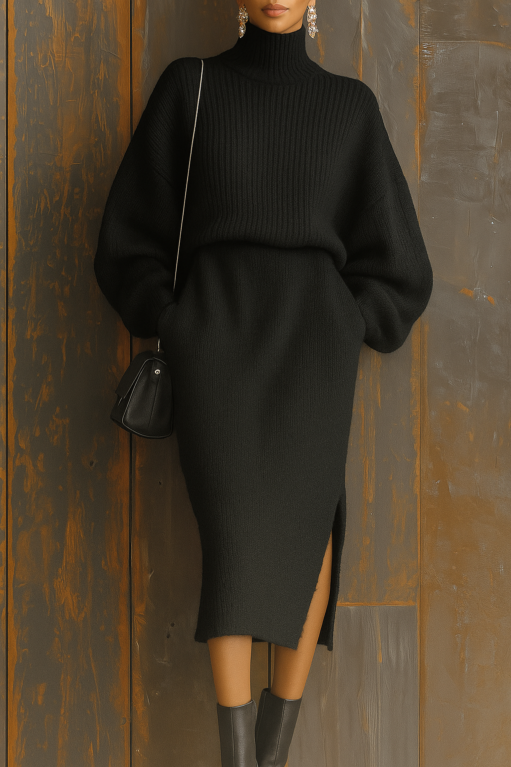 Completo Elegante in Maglia Oversize, Maglione Collo alto e Gonna Con spacco laterale