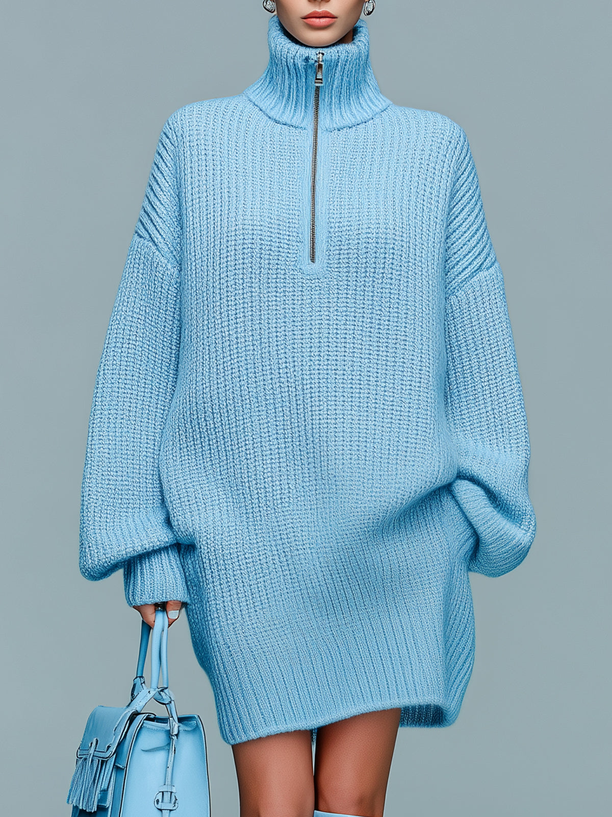 Abito in maglia con collo alto, oversize a maniche lunghe, con cerniera